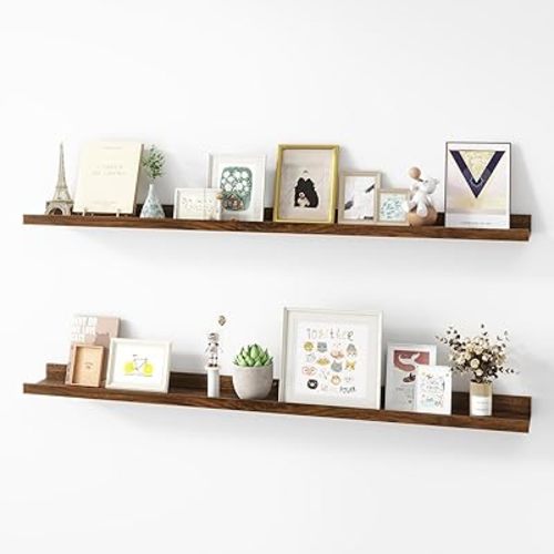 Picture Ledge Shelf, Wood Long Floating Shelves for Wall, Set of 2, 48 inch Picture Ledge Shelves, Photo Ledge Nursery Book Shelves Wall Mounted for Living Room Kids' Room Bedroom, Color Walnut