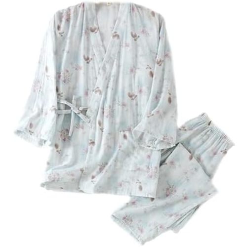 Womens Floral Cotton Pajama Set – Soft Sleepwear with Kimono Wrap Top & Elastic Waist Pants