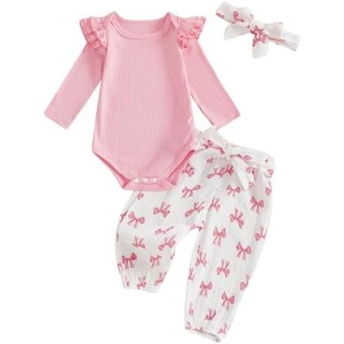 Hnyenmcko Newborn Baby Girl Fall Outfits Rib Frill Long Sleeve Ruffled Romper Solid Pants Headband Set 3Pcs Winter Clothes