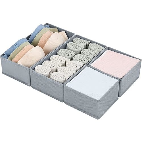 DIMJ Drawer Organizers Clothes, Set of 4 Dresser Organizer Bins, Fabric Closet Organizers and Storage, Shallow Drawer Dividers for Nursery, Clothing, Baby Clothes, Socks, Underwears, Tie (Grey)