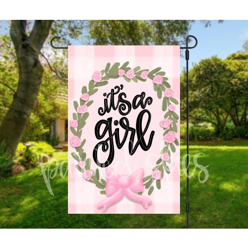 Baby shower Garden Flag | baby announcement | baby girl | it’s a girl | birth announcement sign | bow | roses | wreath