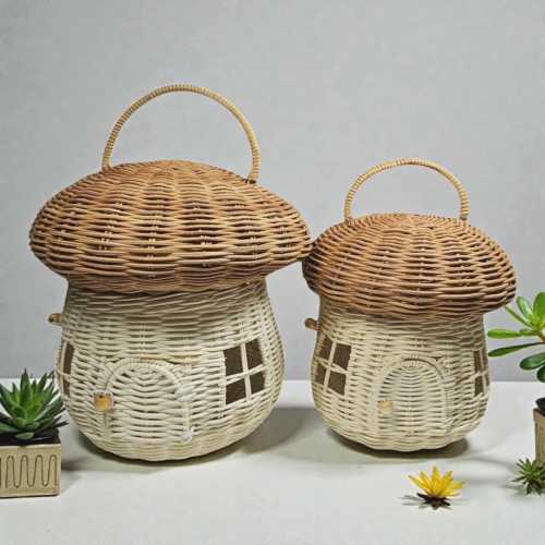 Rattan Mushroom Storage Basket with Lid | Handwoven Wicker Organizer | Nursery Décor