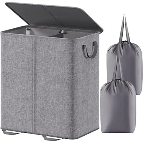 Lifewit Double Laundry Hamper with Lid and Removable Laundry Bags, Large Collapsible 2 Dividers Dirty Clothes Basket with Handles for Bedroom, Laundry Room, Closet, Bathroom, College, 155L Grey