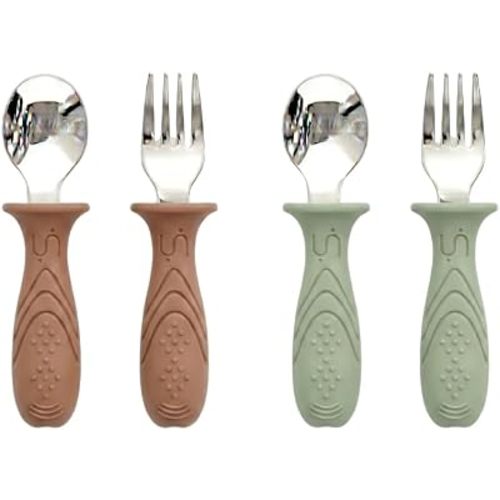 Stainless Steel Toddler Utensils Self Feeding Set, 4-Pack Baby Spoons and Forks with Silicone Handles, BPA-Free Silverware | Anti Choke Design Cutlery (Mocha Mousse & Sage Green)