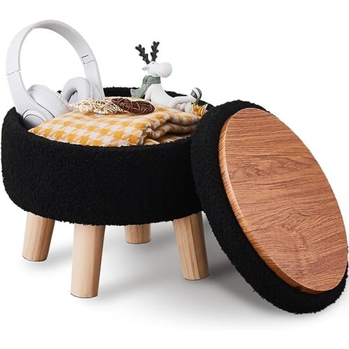Storage Ottoman, Modern Round Footrest with Soft Padded Seat, Teddy Velvet Footstool with Wood Legs, Accent Small Table or Plant Stand for Hallway, Living Room (Black)