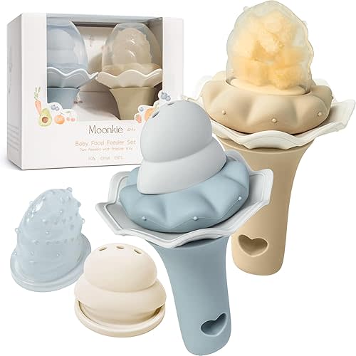 Moonkie Baby Fruit Feeder, BPA Free Silicone Food Feeder for Infant Self Feeding, Mesh Feeder with Two Pouches, Baby Shower Gifts 4 Months+, 2 Pack (Without Freezer Tray)