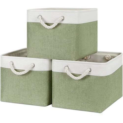 Bidtakay Large Fabric Baskets for Organizing [3-pack] Closet Organizers and Storage Baskets for Gifts Empty Foldable Nursery Baskets for Toy Storage 15 X 11 X 9.5 Inches (White&green)