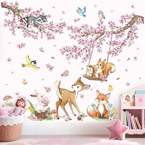 decalmile Woodland Animals Pink Flower Wall Stickers Cherry Blossom Branch Deer Fox Wall Decals Baby Nursery Kids Bedroom Living Room Home Decor