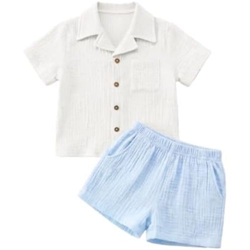 XMWEALTHY Toddler Baby Boy Summer Clothes Color Block Short Sleeve Button-down Shirt Tops + Cotton Pants Outfit Set