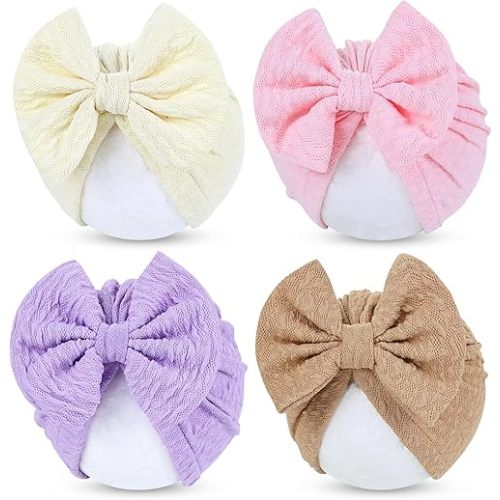 Cinaci 4 Pieces Baby Girls Turban Hats with Bow Newborn Hospital Caps Bonnet Beanies Headwraps for Infants Toddlers