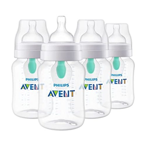 Philips Avent Anti-Colic Baby Bottle with AirFree Vent, 9oz, with Flow 2 Nipples, 1m+, 4pk, Clear, SCY703/04