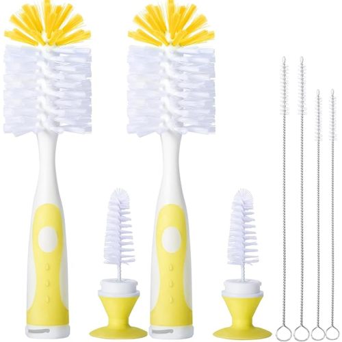 CAREBABYMORE 2 Pack Baby Bottle Brush with 4 Pack Straw Brushes, 10.2" Nylon Brushe with Nipple Cleaner and Stand Suction Cup (Gray)