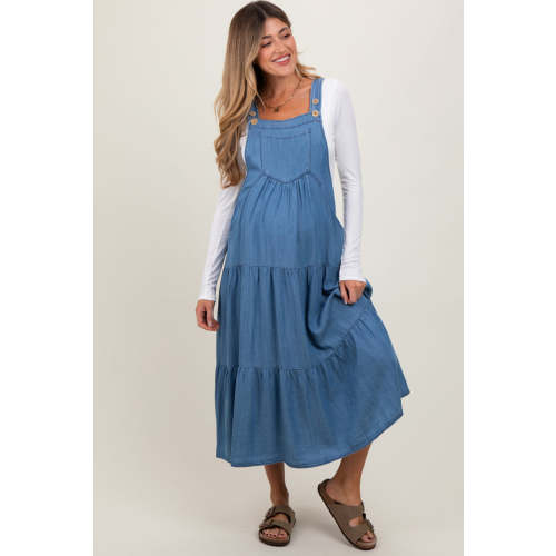Blue Chambray Overall Tiered Maternity Midi Dress