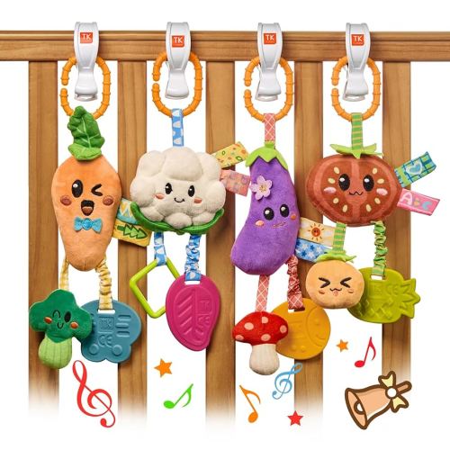 TUMAMA Hanging Vegetable Plush Toy Set, 4 Different Vegetable Crib Stroller Toys, Early Baby Cognitive Sensory Rattle Hanging Toy with Teether. Suitable for babies 0, 3, 6, 9, 12 months