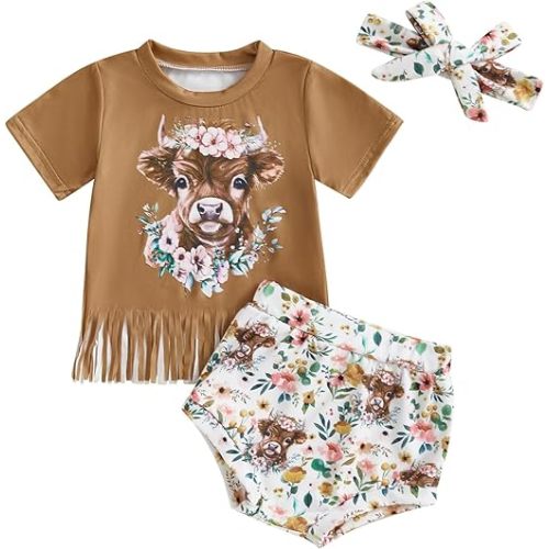 Infant Toddler Western Baby Girl Outfit Cowgirl Tassel T-Shirt Top Cow Print Bloomer Shorts Set Cute Country Clothes