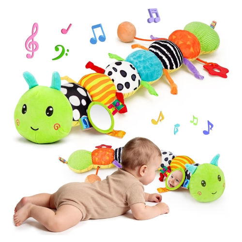 Topsochir Baby Sensory Toys 0-6 Months Music Animal Stuffed Plush Caterpillar Toy for Infant 0-3-6-12 Month Old Tummy Time with Mirror Crinkle Rattle Toys for Newborn Boys Girls Shower Birthday Gifts