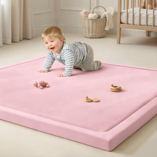 Goyuu Ultra Soft 1.3" Thick Baby Play Mat for Floor, 50x50 Playpen Mat Elasti-Foam Padded Crawling Mat For Babies, Toddlers, Infant, Kids, Non-Slip Backing Safe for Tummy Time Pink