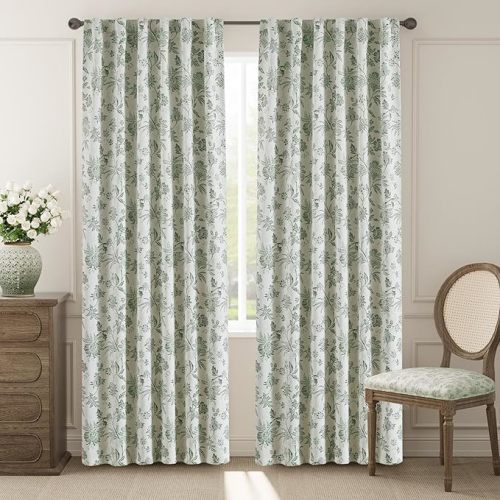 jinchan Blackout Floral Curtains for Bedroom, 84 Inches Long Printed Flower Black Out Curtains, French Country Back Tab Sage Green Window Treatment Farmhouse Drapes Set 2 Panels Green