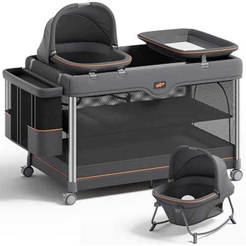 Pamo Babe 6-in-1 Pack and Play with Bassinet – One-Step Setup Baby Bassinet, Portable Playard, Travel Crib with Mattress, Changing Table, Storage Bag & 4 Wheels Travel Playpen for Baby (Gery)