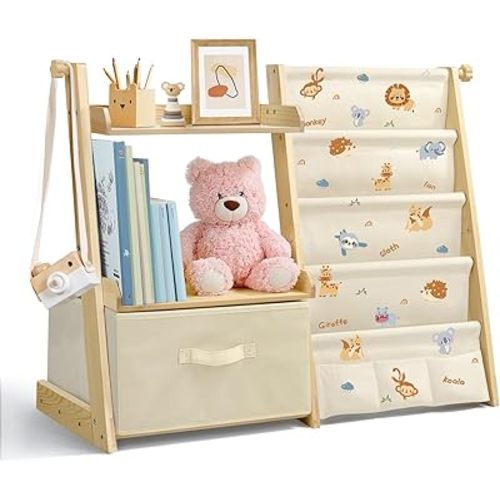 Kids Bookshelf and Toy Organizer 2 in 1,Book Shelf for Kids Rooms with Movable Toy Bin,4 Tier Toddler Sling Book Rack for Nursery Bedroom Playroom (Jungle Animals)