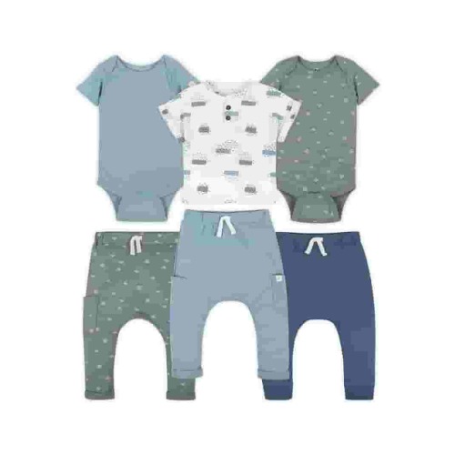 Little Star Organic Baby Boy 6Pc Mix and Match Outfit Set, Arona Blue, Size 0-3 Months