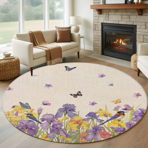 Round Rugs 6Ft, Purple Yellow Spring Floral Round Area Rug Washable Indoor Throw Carpet, Summer Botanical Birds Rustic Soft Non Slip Circle Rug for Office Cabinet Home Decor Aesthetic