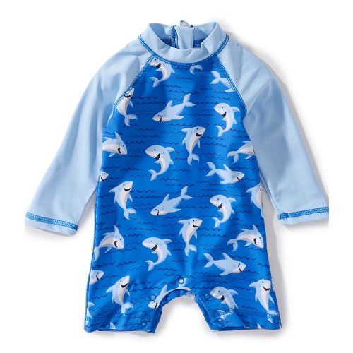 Little Me Baby Boys Raglan-Sleeve Shark-Printed/Solid Rashguard Swimsuit