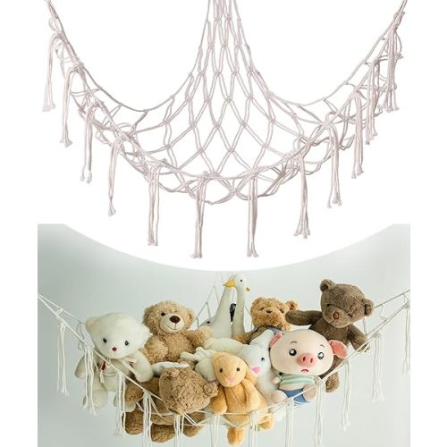 Stuffed Animal Storage Corner Hammock or Net,Toy Storage Hammock for Stuff Animals,Plushie Net for Nursery Bedroom Wall,Stuffed Animal Organizer Holder for Plush,Cute Boho Room Decor(Beige)