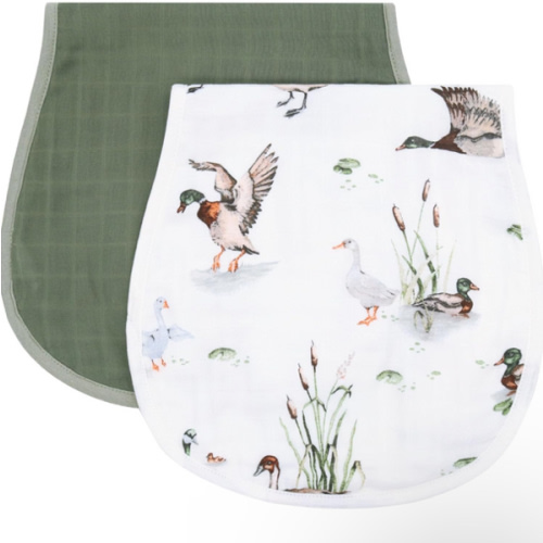 LifeTree Muslin Baby Burp Cloths - 2 Pack 70% Viscose from Bamboo and 30% Cotton Large 22'' by 10'' Absorbent Milk Spit Up Rags - Burping Cloths for Newborn, Girls Boys, MallardDuck & Olive