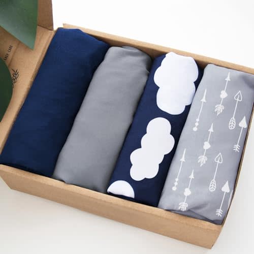 4 Pack Pack and Play Fitted Sheets Fits Graco Pack n Play Playard, Pamo Babe, Zodiak, Baby Trend Portable Playard and Other 27 x 39 Playpen Mattress, Ultra Soft and Skin-Friendly, Navy Cloud