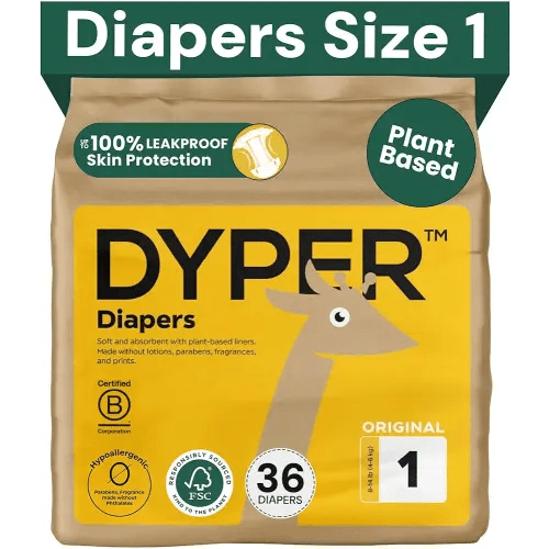 DYPER - Baby Diapers Size 1 (36 Count) - Plant Based Disposable Diapers for Day and Overnight Premium Leak Protection, Skin-Friendly Comfort with Soft Size 1 Diapers (8-14 lbs)