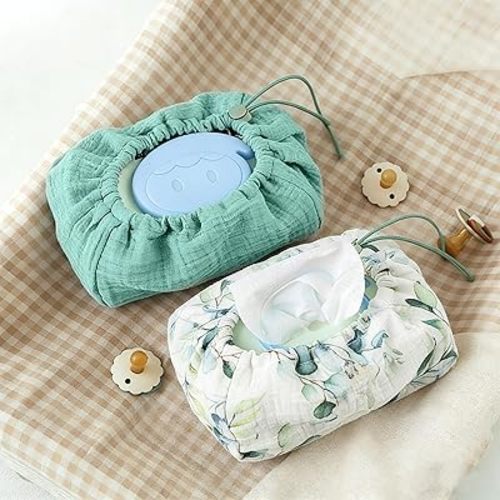 Baby Wipes Cover, One Size Fits All Wipes Packages, Muslin Cotton Tissue Cover for Diaper Bag, Nursery& Changing Table, Station, Universal Size (2 Pieces)