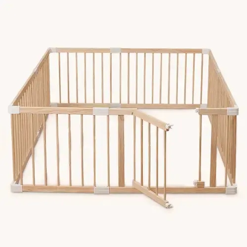 HARPPA Wooden Baby Gate Playpen | Non-Toxic Foldable DIY Adjustable Play Yard for Infants & Toddlers – Natural Finish Baby Fence for Small & Large Spaces