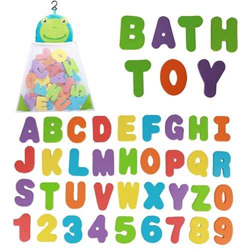 Bath Toys Organizer + 36 Soft Foam ABC 123 Letters & Numbers Bathroom Alphabet Baby Toys for Early Learning Foam Letters and Quick Dry Storage Net Bag