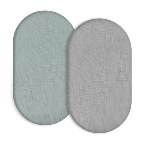Muslin Bassinet Fitted Sheets 2 Pack, 100% Cotton Baby Cradle Sheets in Solid Green & Gray, Soft Breathable Mattress Covers for Boys & Girls, Fit Hourglass, Oval & Rectangle Pads