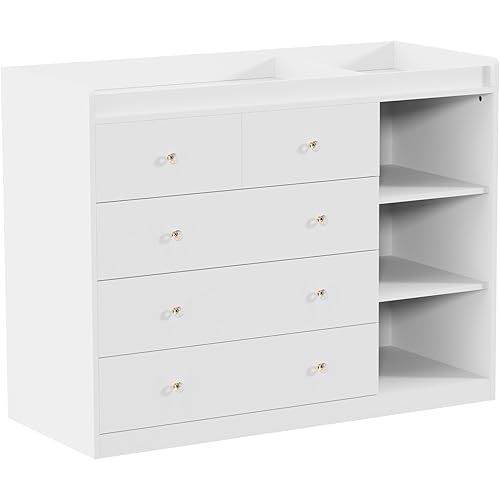Nursery Dresser Changing Table Dresser with Changing Top Diaper Changing Station with 5 Drawers and 3 Shelves for Children's Room，White