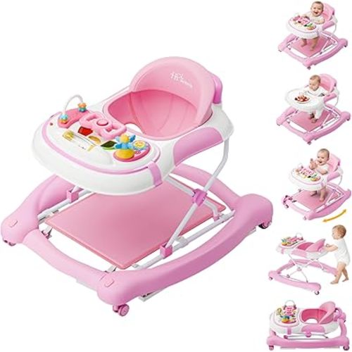 5-in-1 Foldable Baby Walker,Music and Lights Baby Walker with Wheels,Height Adjustable Infant Walker, with Activity Center, Rocker, Bouncer,Push Walker & Feeding Tray for Babies 6-18 Months (Pink)