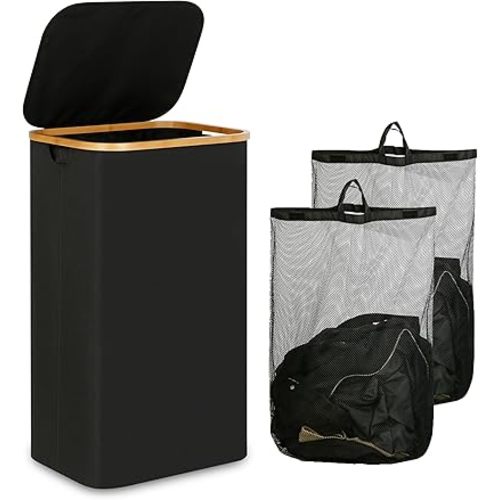 iEGrow Laundry Hamper with Lid, 110L Large Laundry Basket with Handle, Collapsible Clothes Basket Organizer with Removable 2 Inner Bag for Clothes Towels - Black
