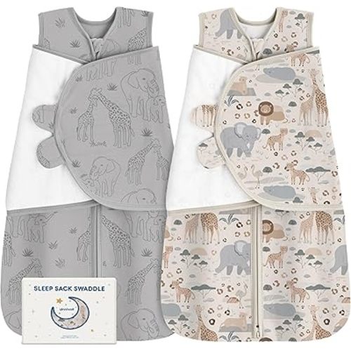 Unnivoll Newborn Sleep Sack Swaddle 100% Cotton Baby Swaddle 0-3 Months, 3-Way Adjustable Wearable Blanket, TOG 1.5, 2 Pack for Baby Boy Girl Apricot Gray Elephant