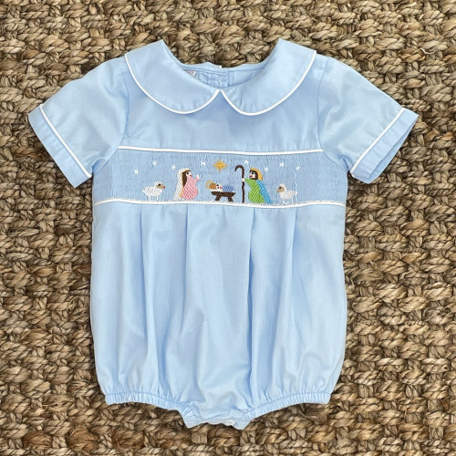 Christmas Nativity Smocked Boy's Bubble in Light Blue-  Vintage Style, Matching Sibling Outfit, Heirloom, Baby Boy 458 *A
