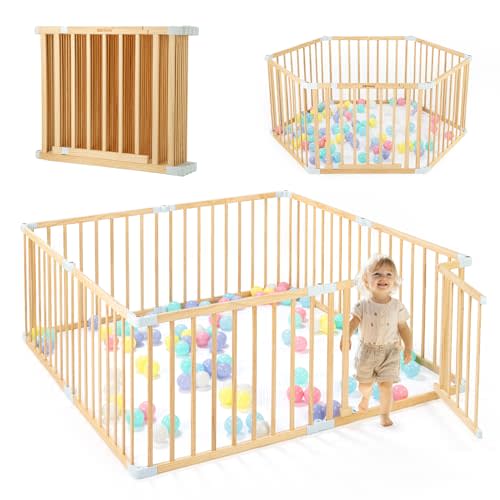 Wooden Baby Playpen with Door, Changeable & Expandable Play Fence for Toddlers, Large Wood Playpen Safety Baby Gate Playard, Safe Play Area Kids Activity Center Indoor Outdoor(26" Tall, 8-Panel)