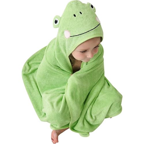 HIPHOP PANDA Hooded Towel - Rayon Made from Bamboo, Bath Towel with Bear Ears for Newborn, Babie, Toddler, Infant - Absorbent Large Baby Towel - Frog, 30 x 40 Inch