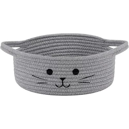 Small Woven Rope Storage Basket, Cute Cat Toy Basket for Living Room, Baby Baskets for Nursery, Gift Baskets Empty for Baby Shower, Grey, 9.8 x 4 inches