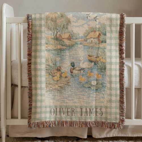 Personalized Duck Pond Woven Blanket, Vintage Pastoral Tapestry, Cottagecore Farm Nursery Decor, Custom Name Heirloom Throw