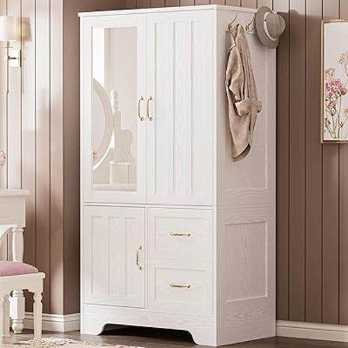 LIKIMIO Wardrobe Closet with Mirror and Doors and Drawers and Shelves, Wooden Armoire Storage Cabinet with Hanging Rod for Bedroom, White