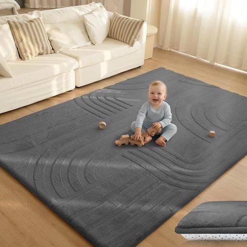 1.3" Thick Fluffy Baby Play Mat for Floor,Elasti Foam Padded Area Rug for Living Room Bedroom,Ultra Soft 3D Carved Kids Rug,Non-Slip Nursery Crawling Mat for Toddlers,4’x6’ Playroom Carpet(Cream)