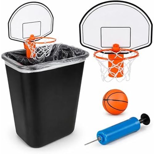 ArtCreativity Mini Basketball Hoop Trash Can Set, Includes Clip-On Hoop with Backboard, Inflatable Ball and Pump, Fun Basketball Stocking Stuffers for Kids, Office Toys for Adults, Classroom Games