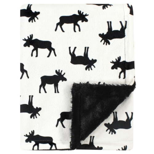 Hudson Baby Infant Boy Plush Blanket with Furry Binding and Back, Moose, One Size