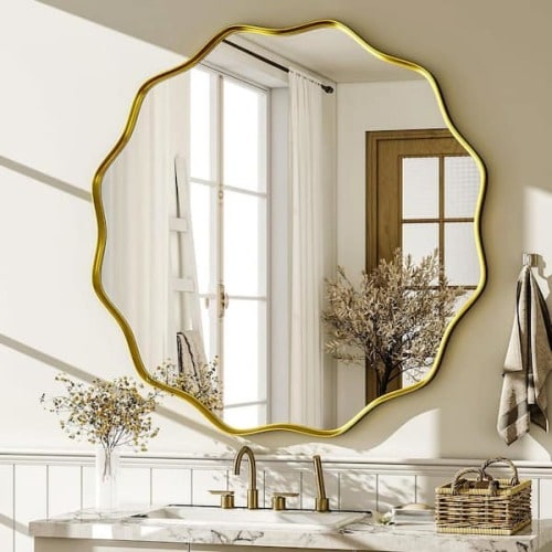 Gold 30 in. W x 30 in. H Round Modern Aluminum Alloy Deep Framed with Decorative Border Vanity Mirror Wall Mirror
