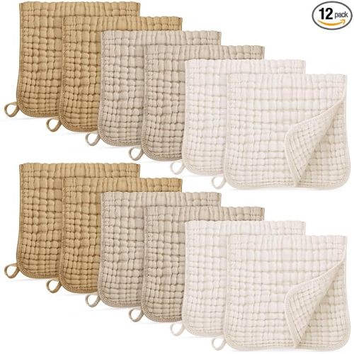 Muslin Burp Cloths for Baby 100% Cotton Burping Cloths for Boys Girls Large 20''X10'' Extra Soft and Absorbent 12 Pack - Gradient Khaki